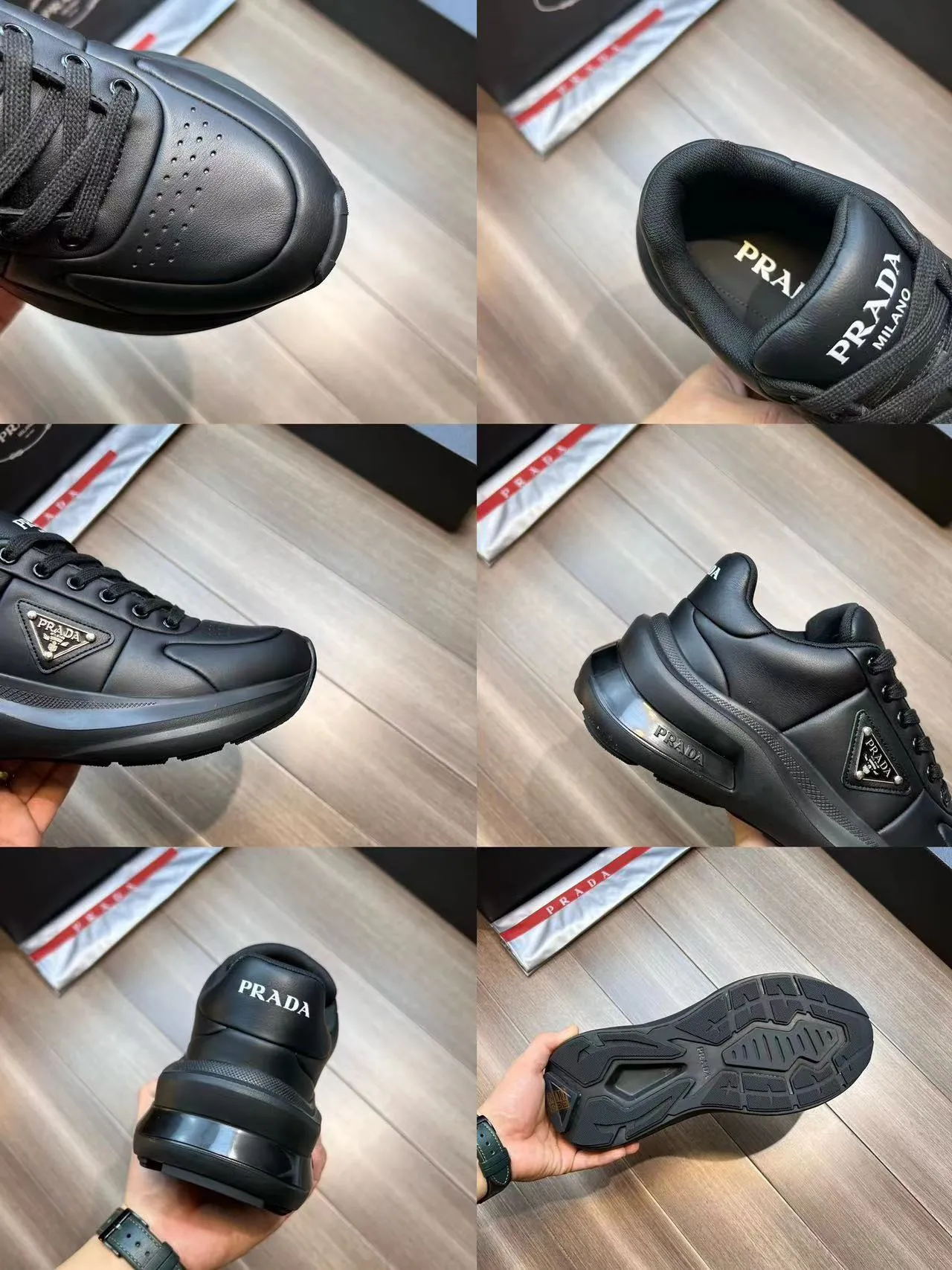 P440 Prad* men's new soft leather casual sneakers. This sneaker is made of Napa cowhide. The leather is soft and fine, with a natural texture, which improves breathability. The outer side is coated with an enamel metal triangle logo to embellish the shoe body. The tongue and heel are decorated with brand letter logo details. Ultra-lightweight 6cm concave and convex rubber thick sole with PRADA letter logo on the side and cowhide lining. It feels comfortable on the foot and is exquisite and versatile!
